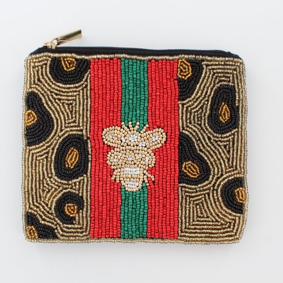 New KAY LEE NY Beaded Honey Bee Leopard Coin Purse/Makeup Bag ❤️Made in India❤️ - Picture 1 of 3